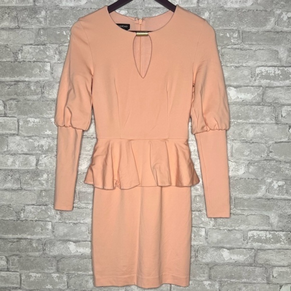 Bebe Coral peplum mini dress with long sleeves